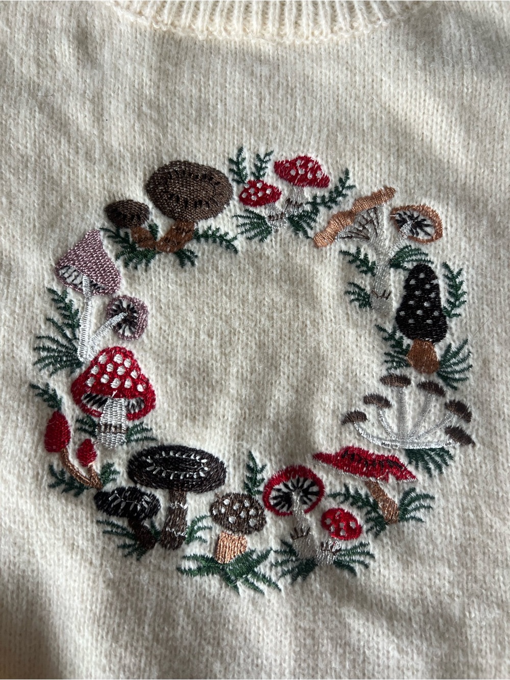 Cream Embroidered Mushroom Wreath Cropped Sweater - Picture 3 of 4